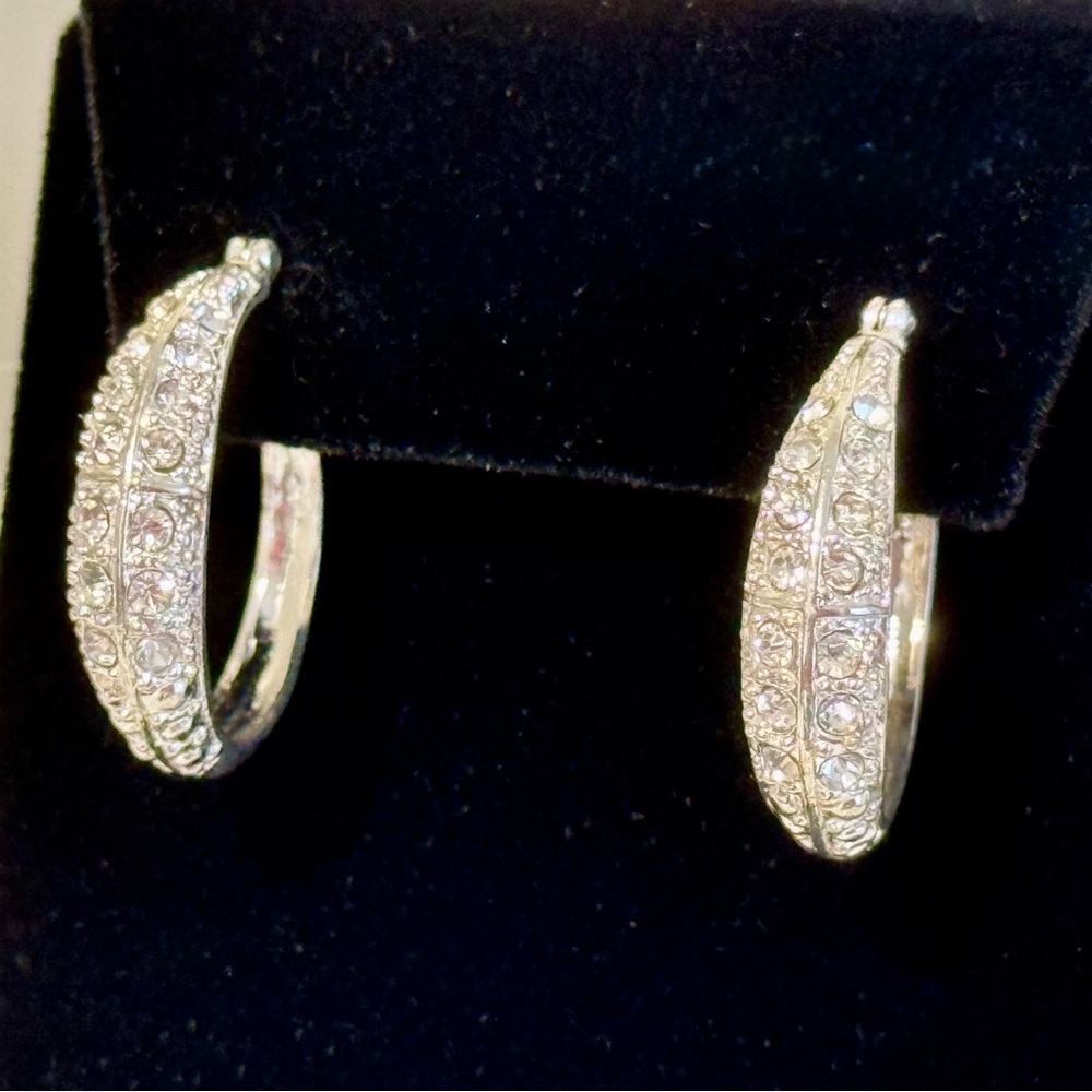 Silver and Rhinestone Pave Hoop Earrings - Picture 5 of 8